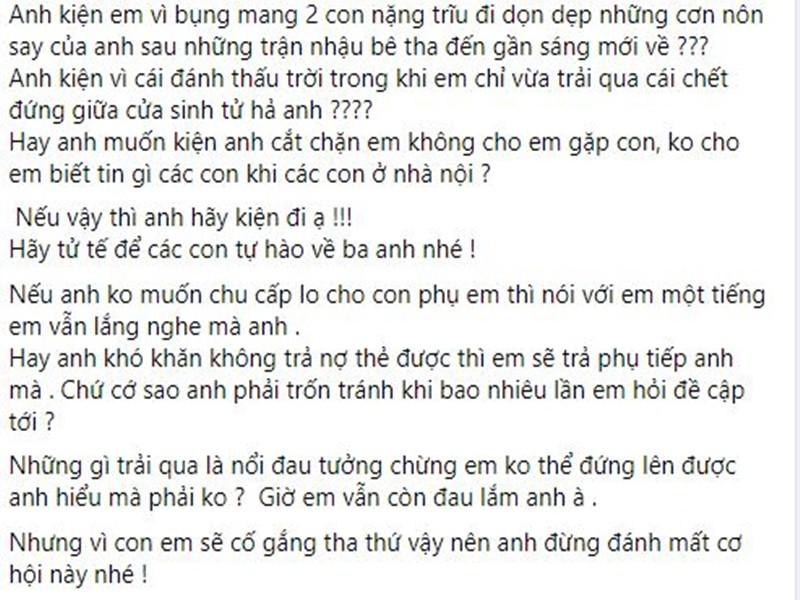 Thu Thảo nhắn gửi chồng cũ hãy sống tử tế để các con có thể tự hào về ba. Ngoài ra, vì các con, lần này, cô vẫn sẽ tha thứ cho chồng cũ. Ảnh chụp màn hình
