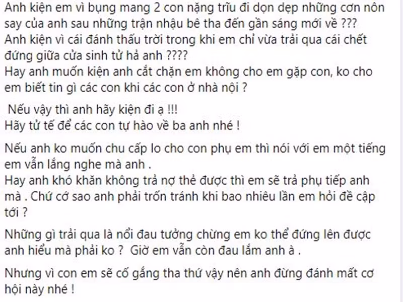 Thu Thảo nhắn gửi chồng cũ hãy sống tử tế để các con có thể tự hào về ba. Ngoài ra, vì các con, lần này, cô vẫn sẽ tha thứ cho chồng cũ. Ảnh chụp màn hình