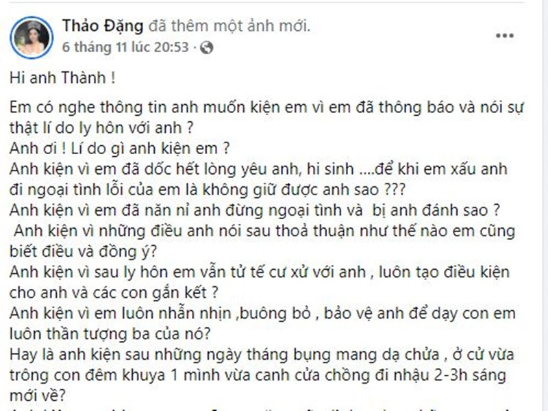 Bị doanh nhân Phúc Thành dọa kiện, Thu Thảo chia sẻ, cô không biết chồng cũ muốn kiện mình vì lý do gì trong khi anh là người gây ra cho cô những đau khổ. Ảnh chụp màn hình