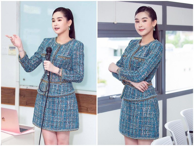 Ngân Anh lựa chọn phong cách thanh lịch, sang trọng khi đi dạy. Ảnh: FB Ngân Anh