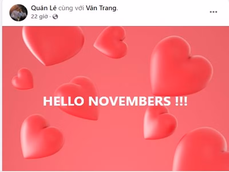 Trên trang cá nhân, doanh nhân Việt kiều Australia Lê Quân - chồng của Vân Trang bật mí đón cặp song sinh khi chia sẻ chào tháng 11.