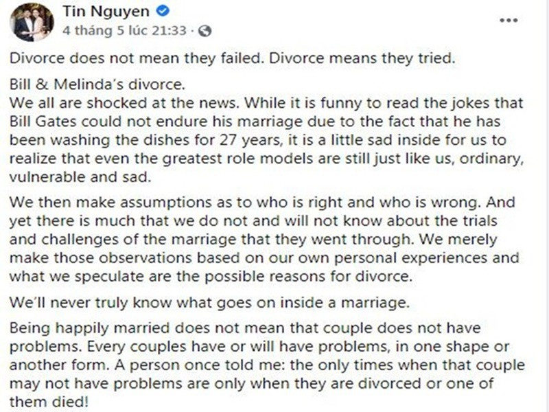 Tháng 5/2021, Trung Tín đăng tải quan điểm về cuộc sống hôn nhân và việc ly hôn khi câu chuyện ly dị của vợ chồng Bill Gates gây bão dư luận. Trước nghi vấn bức xúc hôn nhân, Trung Tín phủ nhận. Thu Thảo cũng có động thái tương tự. "Chia sẻ chứ không có gì bức xúc đâu chị ơi", nàng hoa hậu đáp lại một người chị.