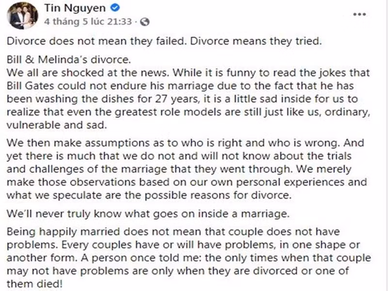 Tháng 5/2021, Trung Tín đăng tải quan điểm về cuộc sống hôn nhân và việc ly hôn khi câu chuyện ly dị của vợ chồng Bill Gates gây bão dư luận. Trước nghi vấn bức xúc hôn nhân, Trung Tín phủ nhận. Thu Thảo cũng có động thái tương tự. "Chia sẻ chứ không có gì bức xúc đâu chị ơi", nàng hoa hậu đáp lại một người chị.