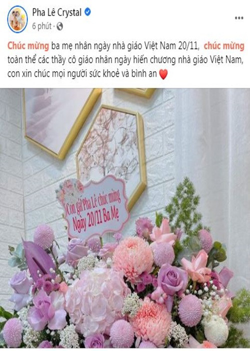 Pha Lê cũng gửi chúc mừng đến bố mẹ làm giáo viên cùng các thầy cô giáo khác.