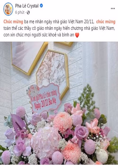 Pha Lê cũng gửi chúc mừng đến bố mẹ làm giáo viên cùng các thầy cô giáo khác.