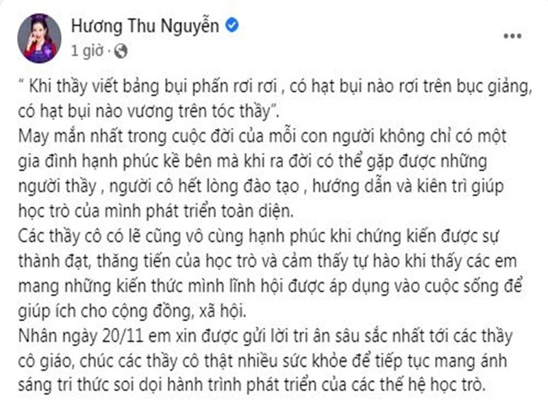 Á hậu Quý bà Nguyễn Thu Hương cũng gửi lời tri ân đến thầy cô giáo.