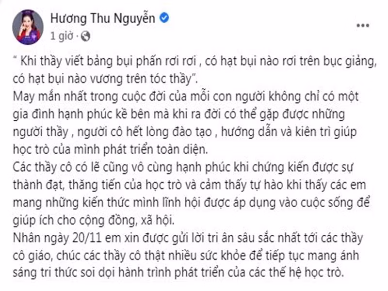 Á hậu Quý bà Nguyễn Thu Hương cũng gửi lời tri ân đến thầy cô giáo.