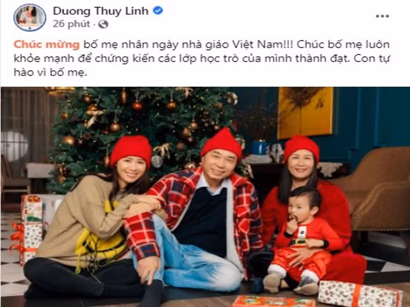 Trên trang cá nhân, nhân ngày 20/11, Dương Thùy Linh gửi lời chúc mừng ngày Nhà giáo Việt Nam đến bố mẹ làm giáo viên. "Chúc bố mẹ luôn khỏe mạnh để chứng kiến các lớp học trò của mình thành đạt. Con tự hào vì bố mẹ", Dương Thùy Linh viết.