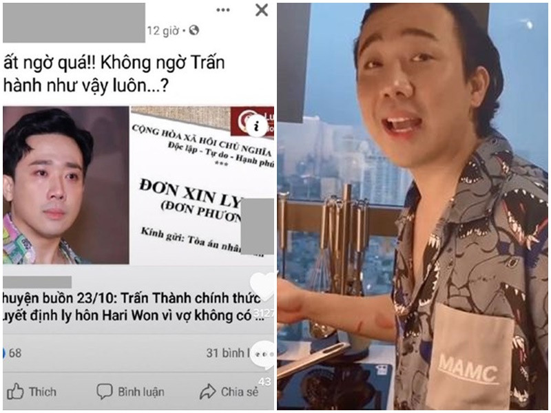 Việc Trấn Thành bị đồn nhảm đơn phương ly hôn Hari Won khiến fan của cặp đôi bức xúc. Phía Trấn Thành không lên tiếng về tin đồn nhảm. Tuy nhiên, anh có động thái dập tắt tin đồn này bằng clip nấu ăn cho vợ, cả hai còn hát hò tại nhà riêng.