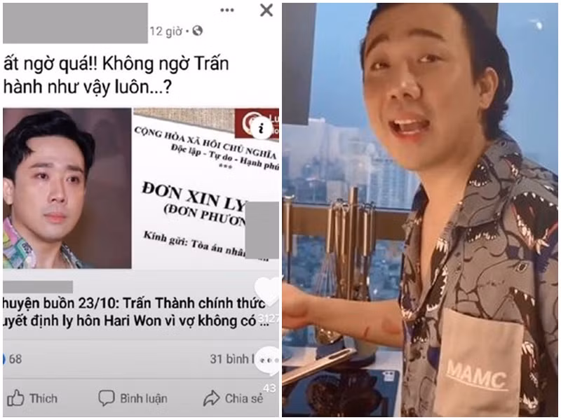 Việc Trấn Thành bị đồn nhảm đơn phương ly hôn Hari Won khiến fan của cặp đôi bức xúc. Phía Trấn Thành không lên tiếng về tin đồn nhảm. Tuy nhiên, anh có động thái dập tắt tin đồn này bằng clip nấu ăn cho vợ, cả hai còn hát hò tại nhà riêng.