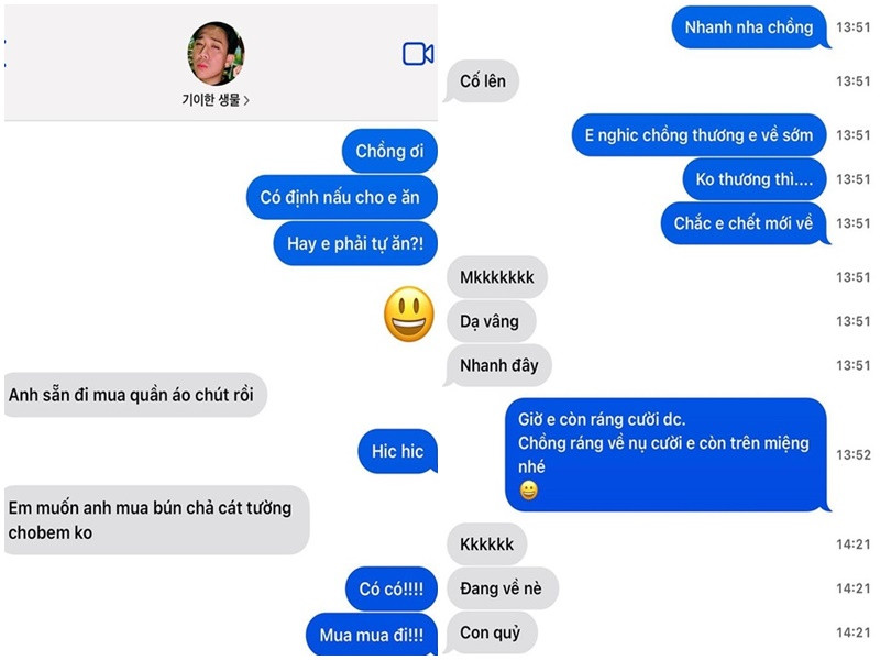 Hari Won còn khoe đoạn hội thoại liên tục giục chồng mua thức ăn về. Trấn Thành tỏ ra rất chiều chuộng vợ khi đáp lại nhẹ nhàng như: "Nhanh đây", "Đang về".