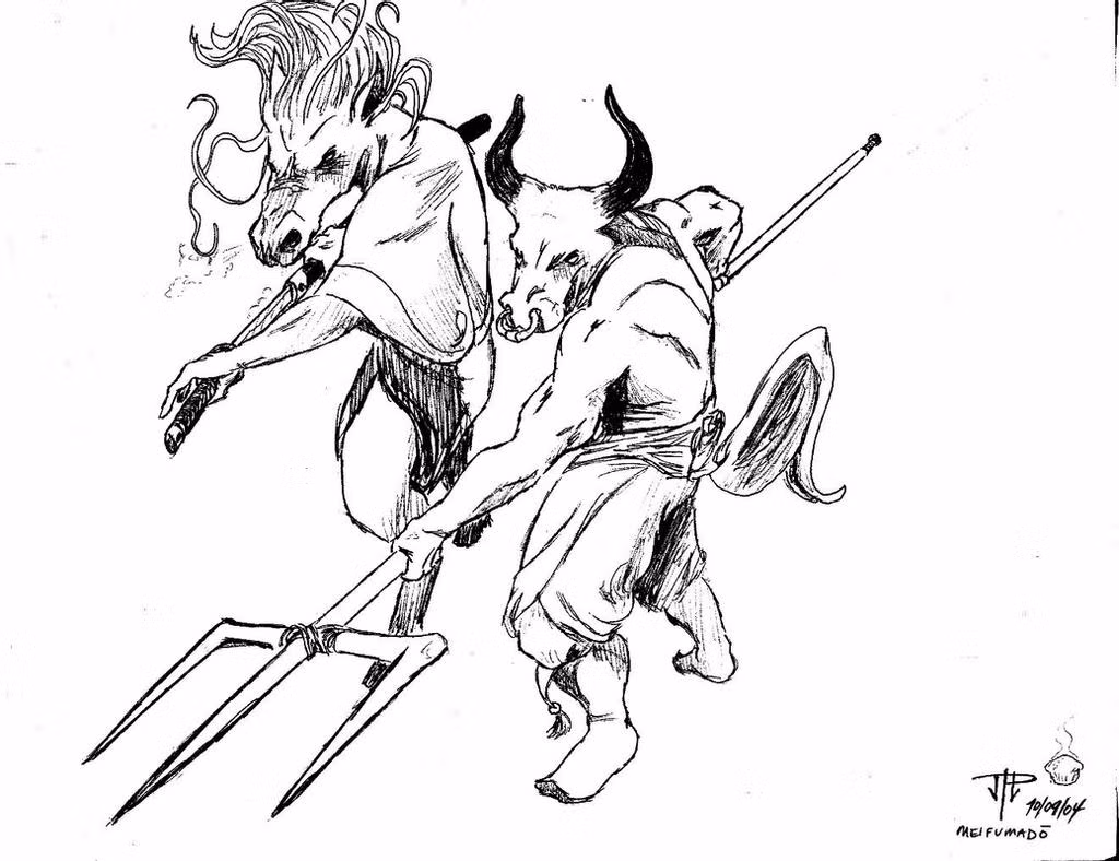 Đầu Trâu và Mặt Ngựa chịu trách nhiệm đưa linh hồn người chết đến buổi phán xét cuối cùng ở Âm phủ và cũng là người bảo vệ nơi đây. Sau buổi phán xét, Đầu Trâu và Mặt Ngựa sẽ đưa linh hồn các tội nhân xuống địa ngục và hành hạ họ trước khi cho đầu thai.