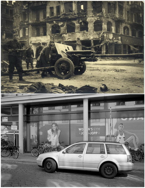 Chiến sĩ Liên Xô trên phố August (ảnh trên) và phố August ngày 20/4/2015 (ảnh dưới).