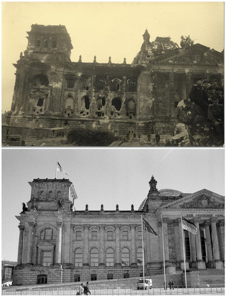 Tòa nhà Reichstag đổ nát vào tháng 5/1945 (ảnh trên) và tòa nhà Reichstag ngày 20/4/2015 (ảnh dưới).