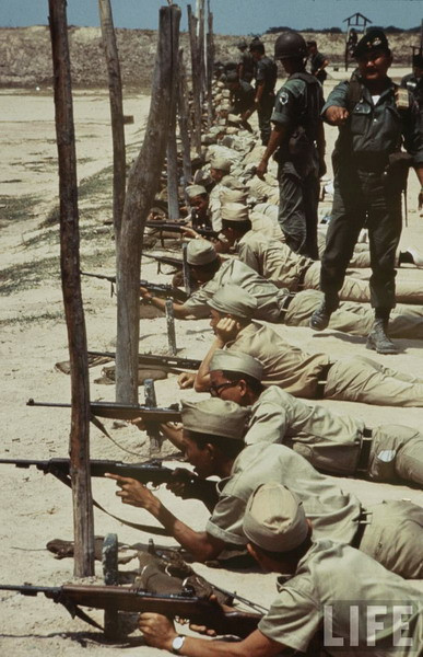 Lính Sài Gòn canh gác trên một thửa ruộng đang được thu hoạch ở ngoại ô.