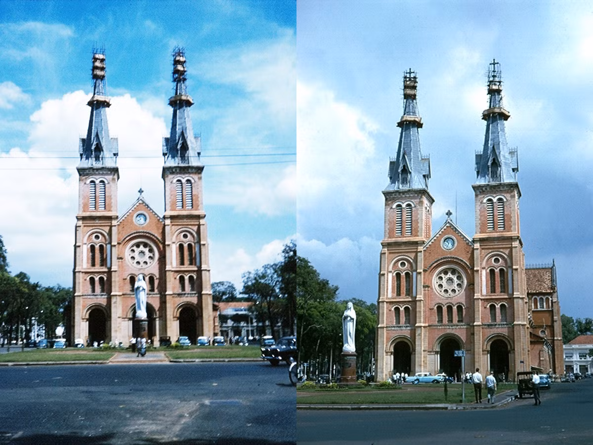 Nhà thờ Đức Bà với hai tháp chuông đang được tu sửa.