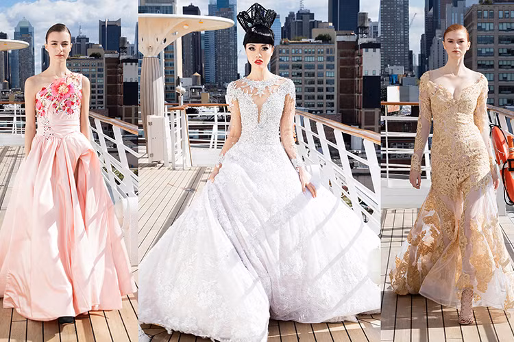 Điểm nhấn cuối cùng của show diễn là hình ảnh Jessica Minh Anh xuất hiện trong chiếc váy trắng đính đá và kim cương nhiều tầng nặng khoảng 25 kg. 