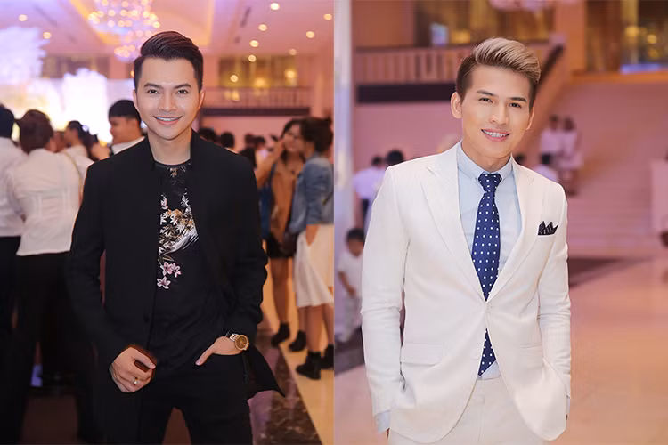 Cùng xuất hiện tại bữa tiệc, hai nam ca sĩ Nam Cường (trái) và Quốc Thiện diện trang phục gam màu đối lập. 