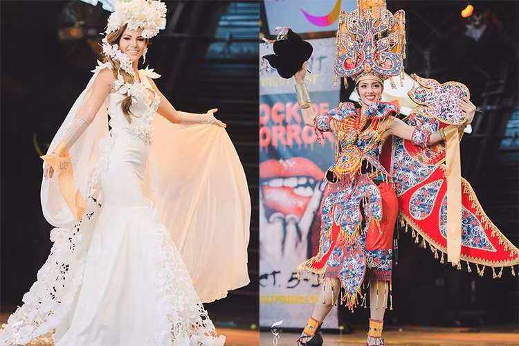 Quốc phục của Peru (trái) và Malaysia lại lần lượt được bình chọn nhiều thứ 4 và thứ 5. (Ảnh: Miss Grand International) 