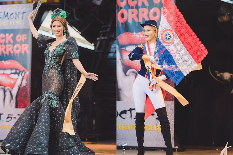 Đại diện của Philippines (trái) và Paraguay được xếp ở vị thứ 6 và 7 trong top 10 trang phục dân tộc đẹp nhất cuộc thi Hoa hậu Hòa bình Quốc tế 2016. (Ảnh: Miss Grand International) 