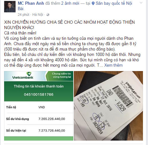 Phan Anh keu goi duoc gan 8 ty ung ho dong bao mien Trung