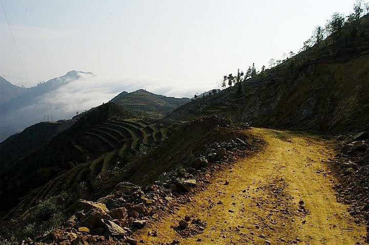 Cả con đèo Pha Long dài khoảng 20km. Đường đèo cheo leo vắt vẻo với đá hộc ngả nghiêng, chạy ngược dòng sông Chảy với chiều dài gần 20km. 