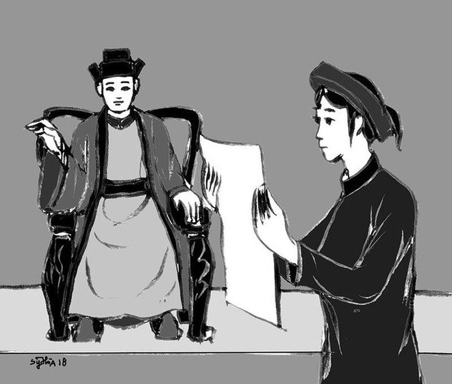 Lần khác quan huyện không có nhà, có thiếu phụ tên đệ đơn trình bày việc bị chồng ruồng bỏ, muốn ly hôn để đi bước nữa, bà Huyện liền phê: “Phó cho con Nguyễn Thị Đào/Nước trong leo lẻo cắm sào đợi ai/Chữ rằng Xuân bất tái lai/Cho về kiếm chút kẻo mai nữa già.