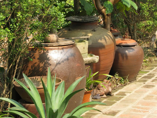 Hay như đi làm về, lấy cái gáo múc ngay nước trong bể chứa nước mưa, mát tỉnh cả người.