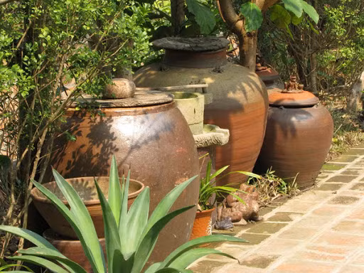 Hay như đi làm về, lấy cái gáo múc ngay nước trong bể chứa nước mưa, mát tỉnh cả người.