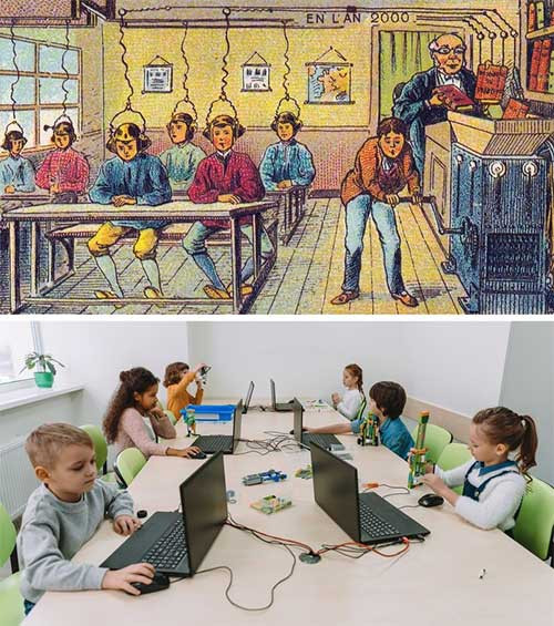 Học tập bằng công nghệ: Cũng trong En L'An 2000, nhiều bức vẽ dự đoán học sinh học tập theo một cách “đặc biệt” như đeo một thiết bị đặc biệt, bên cạnh là cỗ máy để nhét sách vào, xay ra và nhồi kiến thức vào đầu trẻ. Ngày nay dù không có cỗ máy như thế, nhưng việc ứng dụng công nghệ trong học tập đã thành hiện thực. 