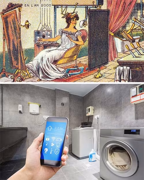Nhà tắm thông minh: Trong tác phẩm En L'An 2000 - tái bản năm 1910 của họa sĩ người Pháp - Jean Marc Côté có một bức tranh giống hệt như các trung tâm làm đẹp và một số công cụ tương tự với các phòng tắm thông minh ngày nay.