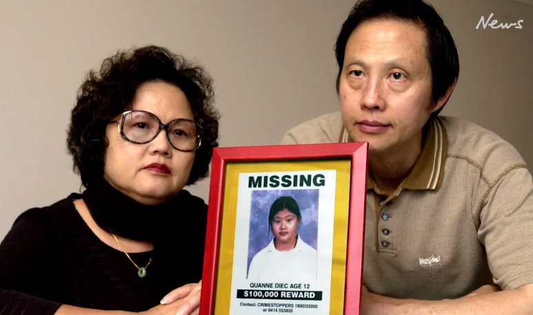 Trong suốt nhiều năm, cha mẹ của Quanne Diec đi khắp Australia tìm kiếm những nơi mà họ nghĩ là có người nhìn thấy con gái họ, nhưng đều vô vọng. Ảnh chụp màn hình. 