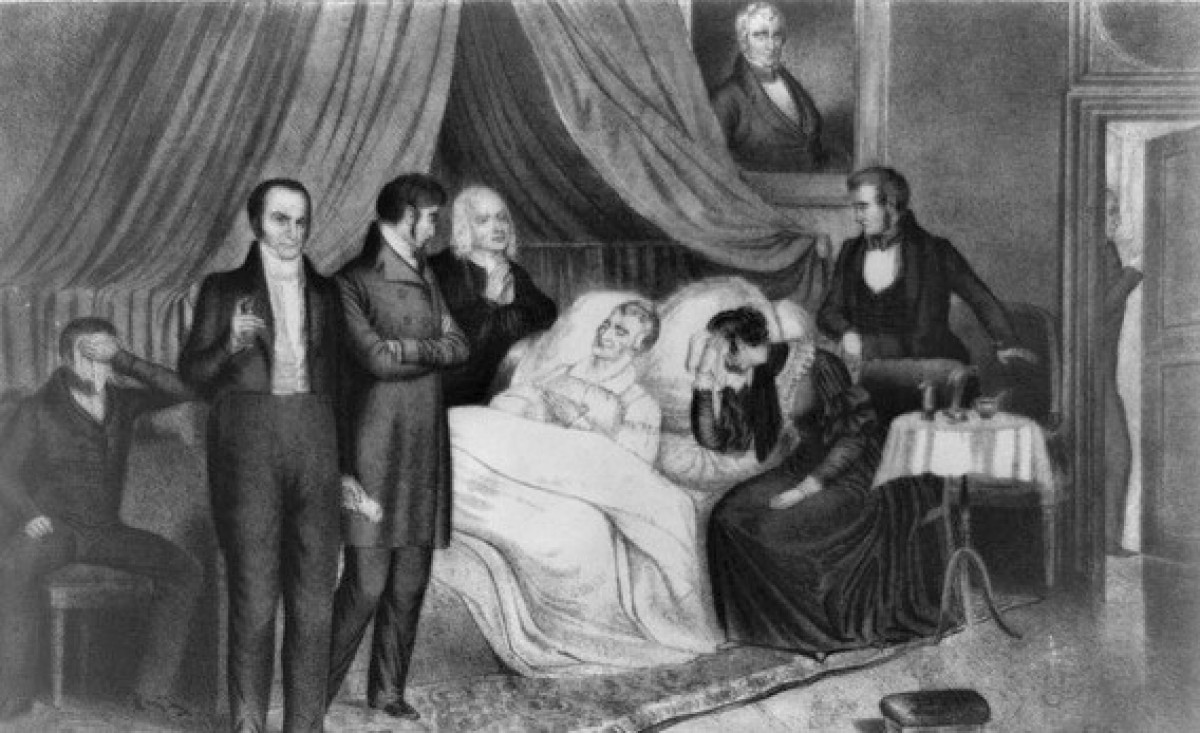 Các chuyên gia từ lâu cho rằng, ông Harrison qua đời do căn bệnh viêm phổi. Tuy nhiên, trong một nghiên cứu công bố năm 2014, một số nhà nghiên cứu cho rằng nguyên nhân thực sự dẫn đến cái chết của vị tổng thống yểu mệnh này là do nhiễm trùng đường tiêu hóa. Ảnh: Tổng thống William Harrison trên giường bệnh. Nguồn: Internet.