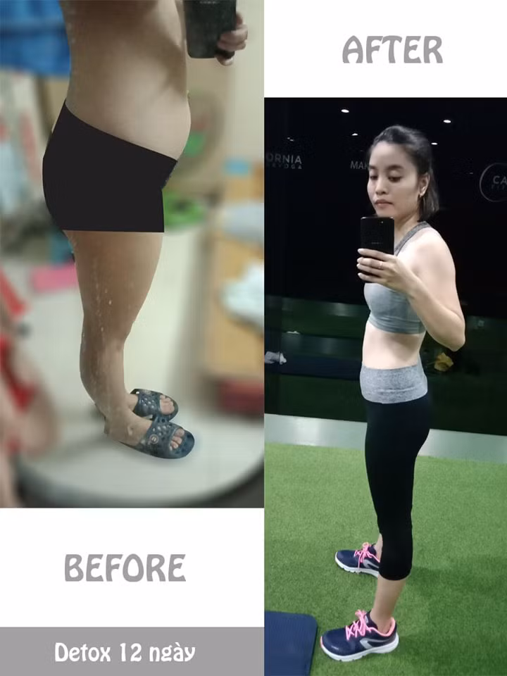 Sau 12 ngày detox, cân nặng Linh giảm hơn 4 kg từ 53kg xuống còn 48,8kg, đặc biệt Linh cảm nhận “giảm ở những nơi cần giảm”, tức là những vùng tích mỡ giảm rất nhiều. Về số đo: cánh tay, đùi và phần mông dưới nhìn rất gọn, đặc biệt vùng bụng “mỡ màng” của Linh đã biến thành vòng eo 65cm. Sự khác biệt có thể thấy rõ trong hình.