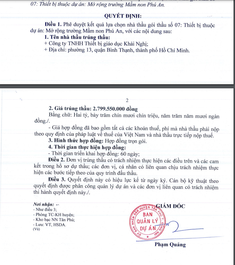 Dong Nai: Goi thau thiet bi truong mam non Phu An ve tay Khai Nghi