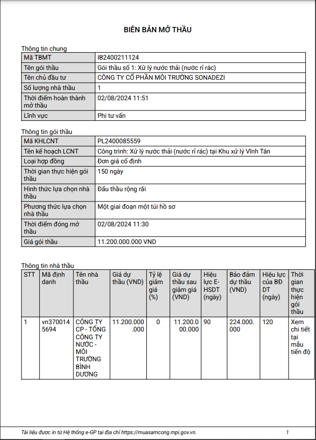 Gói thầu xử lý nước thải của Cty môi trường Sonadezi về tay ai? Goi thau xu ly nuoc thai cua Cty moi truong Sonadezi ve tay ai?