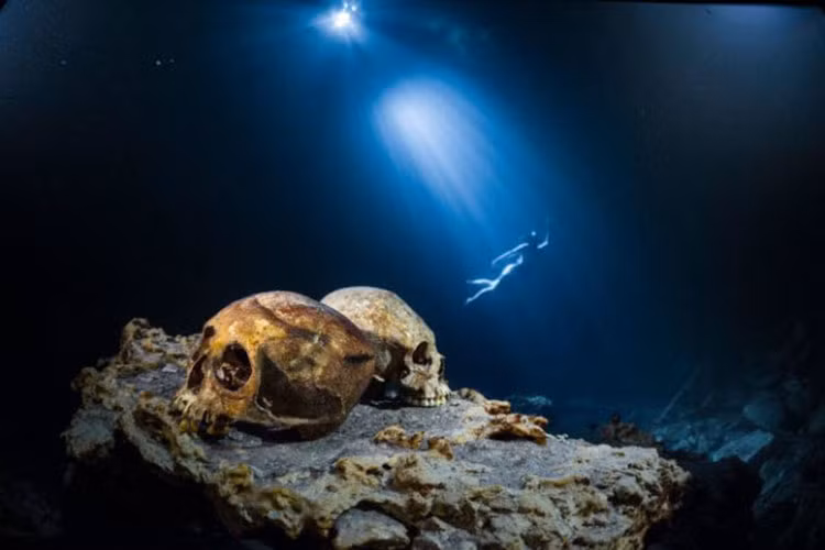 Thợ lặn di chuyển phía sau 2 hộp sọ nằm trên vách đá dưới nước trong khu bảo tồn thiên nhiên Punta Laguna trên bán đảo Yucatán, Mexico - một trong những địa danh rùng rợn.