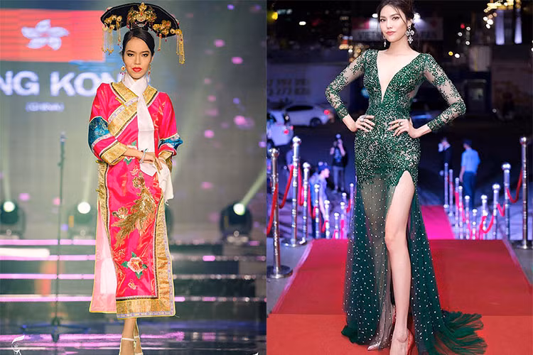 Hoi Lam Law (trái) hiện gây chú ý khi sở hữu gương mặt có nhiều nét giống Lan Khuê nhưng kém sắc hơn hẳn. Cô được xem là " Lan Khuê phiên bản lỗi". Ảnh: Hoa hậu Hòa bình Thế giới 2017