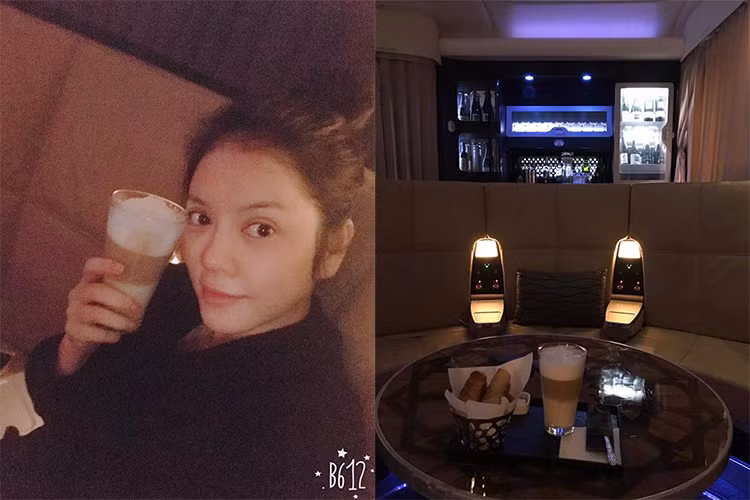 Lý Nhã Kỳ khoe được trải nghiệm những dịch vụ sanh chảnh trên máy bay: “Đi Paris công tác, thích nhất khi trong mỗi chuyến bay dài trên máy bay có wifi sử dụng để làm việc mà không uổng phí 12 tiếng không làm gì được, thích nhì là trên máy bay có phòng lounge để bạn có thể ngồi uống cafe, ăn bánh và làm việc, thích thứ 3 là đồ ăn các buổi được chuẩn bị tinh tế”.