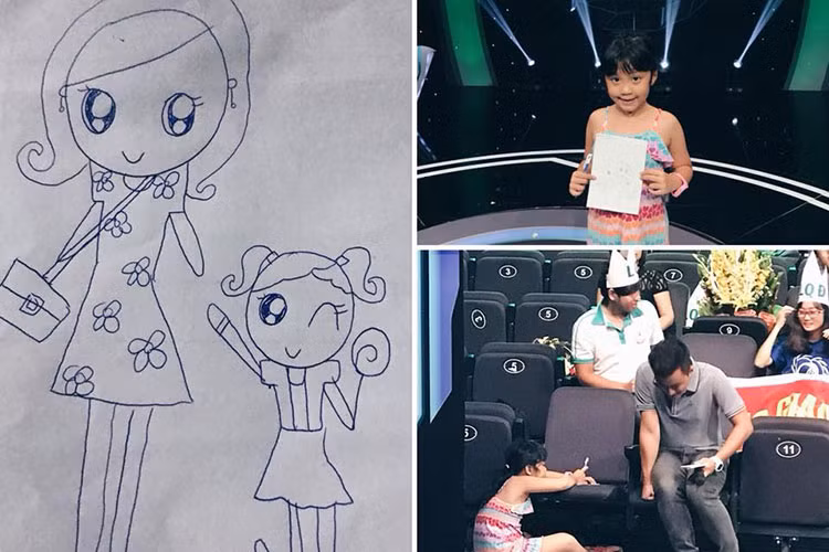 Con gái MC Diệp Chi theo mẹ đến trường quay. Trong lúc chờ đợi, cô nhóc còn vẽ tranh tặng mẹ.