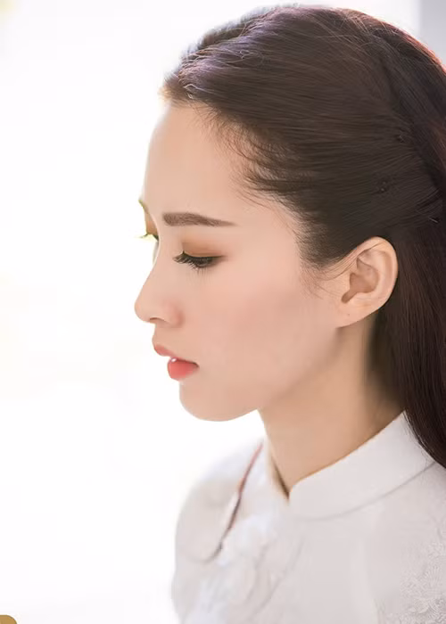 Đặng Thu Thảo trang điểm kỹ lưỡng và mái tóc được búi gọn gàng.