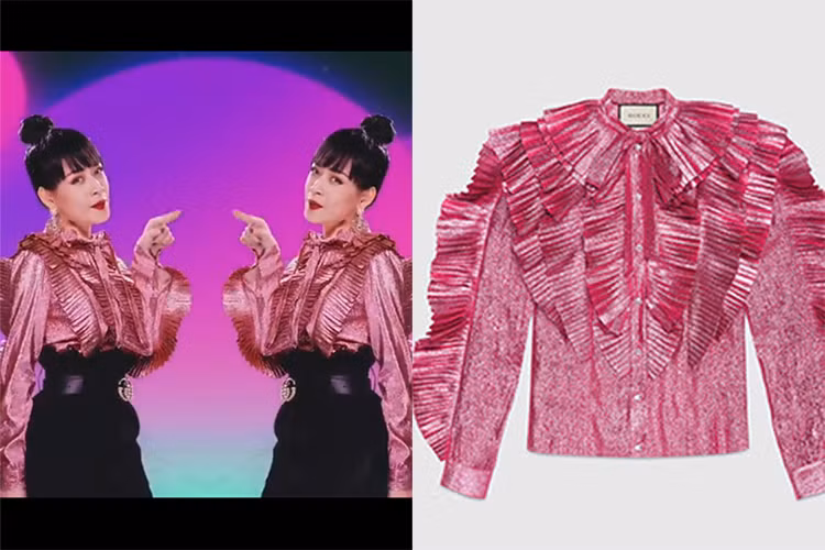 Người đẹp sinh năm 1993 diện áo bèo nhún của thương hiệu Gucci. Sản phẩm có giá hơn 60 triệu đồng. Ảnh: chụp màn hình