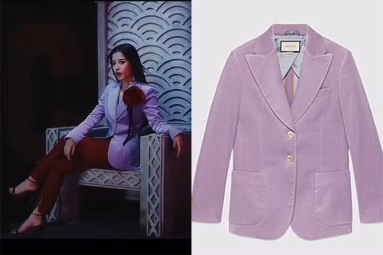 Cựu hot girl khá chuộng Gucci khi chọn mặc áo vest màu tím pastel có giá 59 triệu đồng. Ảnh: chụp màn hình