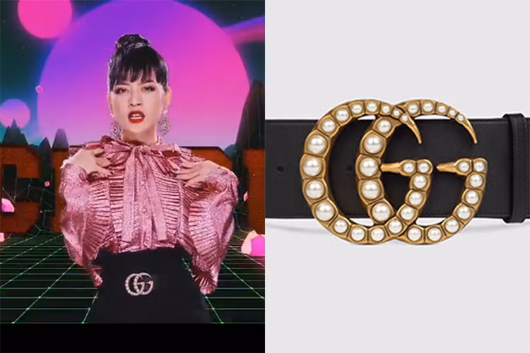 Chi Pu đầu tư 25 triệu đồng cho chiếc thắt lưng đính ngọc trai của thương hiệu Gucci. Ảnh: chụp màn hình