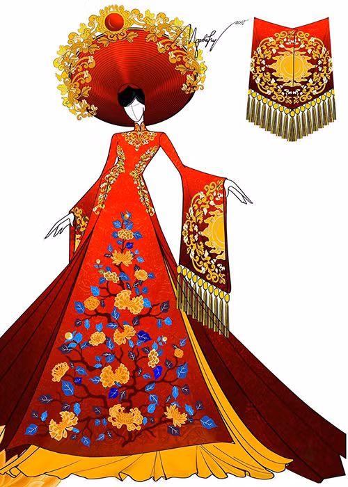 Phần cầu vai, eo và tà áo được trang trí bằng những họa tiết hoa văn dát vàng. Hoa văn trên chiếc mấn và thân áo là được lấy cảm hứng từ hoạ tiết thời Nguyễn đặc biệt là từ pháp lam cung đình Huế.