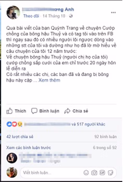 Dù nhận được tin báo từ gia đình nhà hôn phu, bạn bè nhưng Phương Anh cố gắng không nghi ngờ. Theo lời Phương Anh, khi người thân bắt gặp chồng tương lai của cô và Thu Thủy tình cảm bên nhau, cô quyết định hủy hôn trước lễ cưới 20 ngày. Ảnh: Thể thao và văn hóa