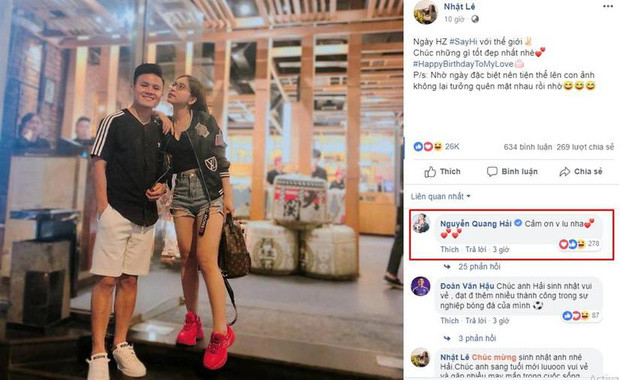 Chưa dừng lại ở đó, trong thời gian khi đang yêu Nhật Lê, vào dịp sinh nhật sinh nhật lần thứ 22 của chàng cầu thủ (tháng 4/2019), bạn gái cũ Quang Hải đã đăng ảnh chúc mừng. Sau đó, anh chàng đã để lại dòng bình luận: “Cảm ơn vợ Lu nha”.