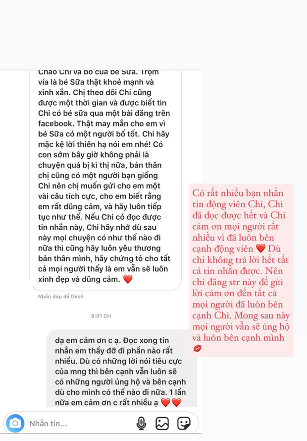 Trên Instagram mới đây, hot teen Hà thành có đăng tải story chia sẻ đầu tiên sau khi công khai chuyện có con. Đây là đoạn tin nhắn được một fan nhắn tin động viên, ủng hộ Chi Bé trước những lời dèm pha của cư dân mạng.