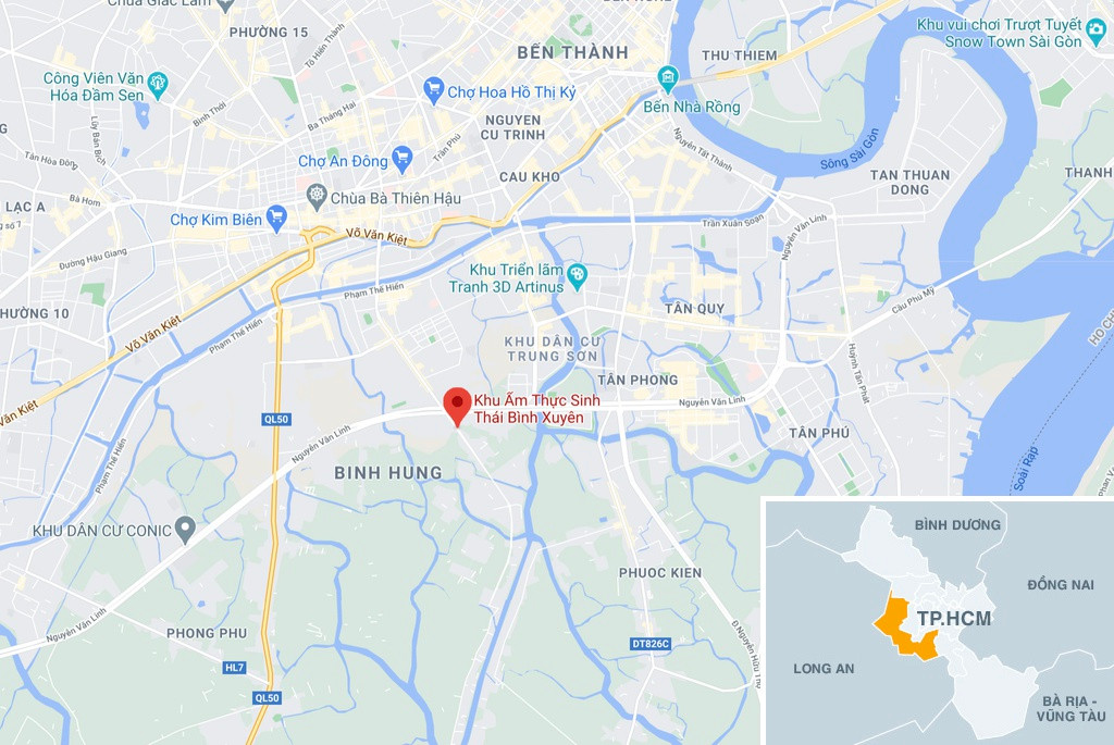 Vị trí khu ẩm thực sinh thái Bình Xuyên, có lối đi chính dẫn từ đường Phạm Hùng (quận 8) vào sâu bên trong. Ảnh: Google Maps.