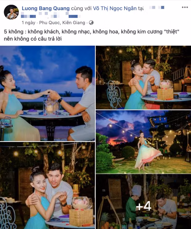 Cụ thể, Lương Bằng Quang bất ngờ chia sẻ thêm những khoảnh khắc trong buổi cầu hôn Ngân 98 vừa qua, kèm dòng chú thích: "5 không: Không khách, không nhạc, không hoa, không kim cương 'thiệt' nên không có câu trả lời...".